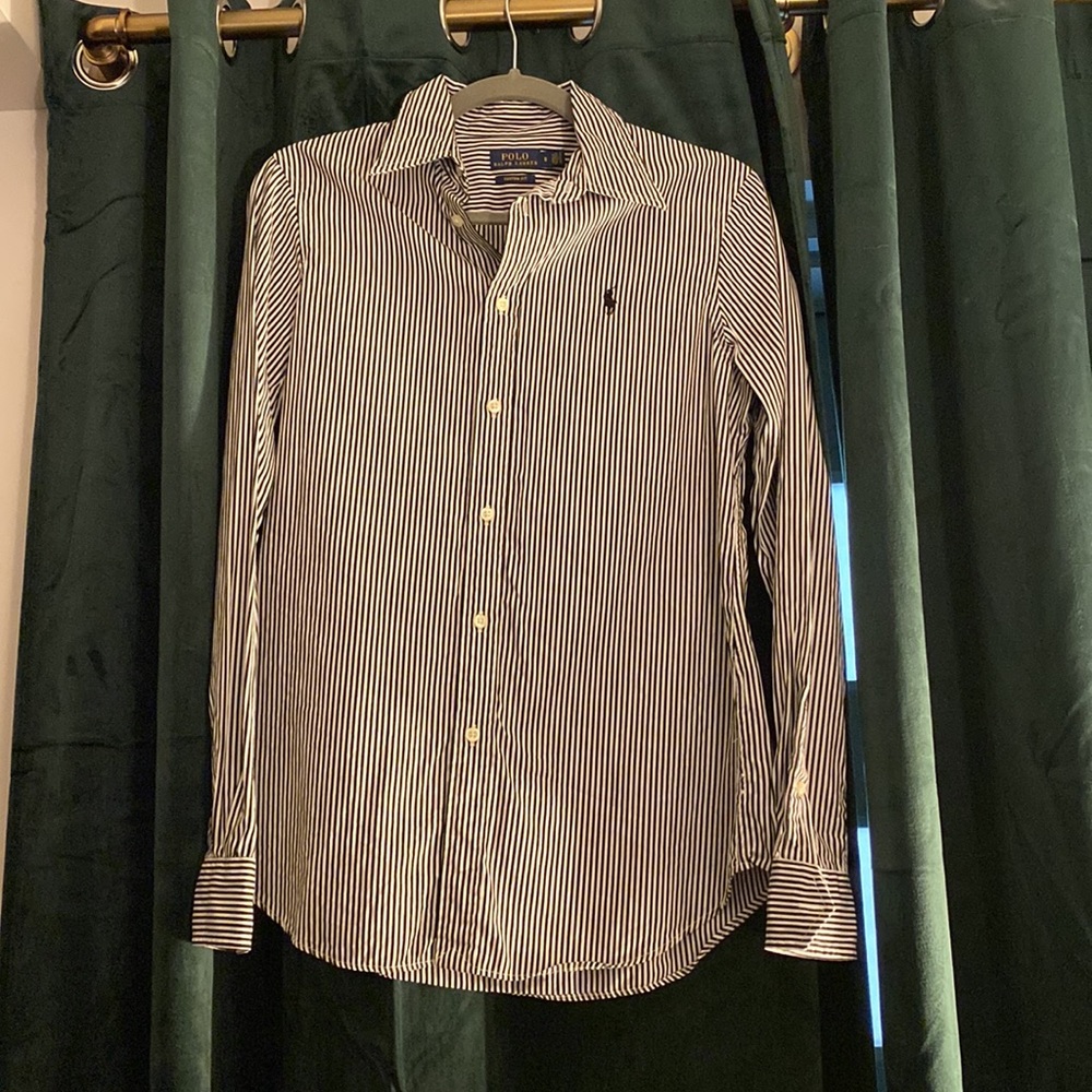 White and black striped button down shirt from Ralph Lauren. Perfect for work.